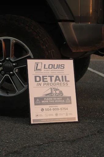 Detail in progress sign beside a vehicle wheel